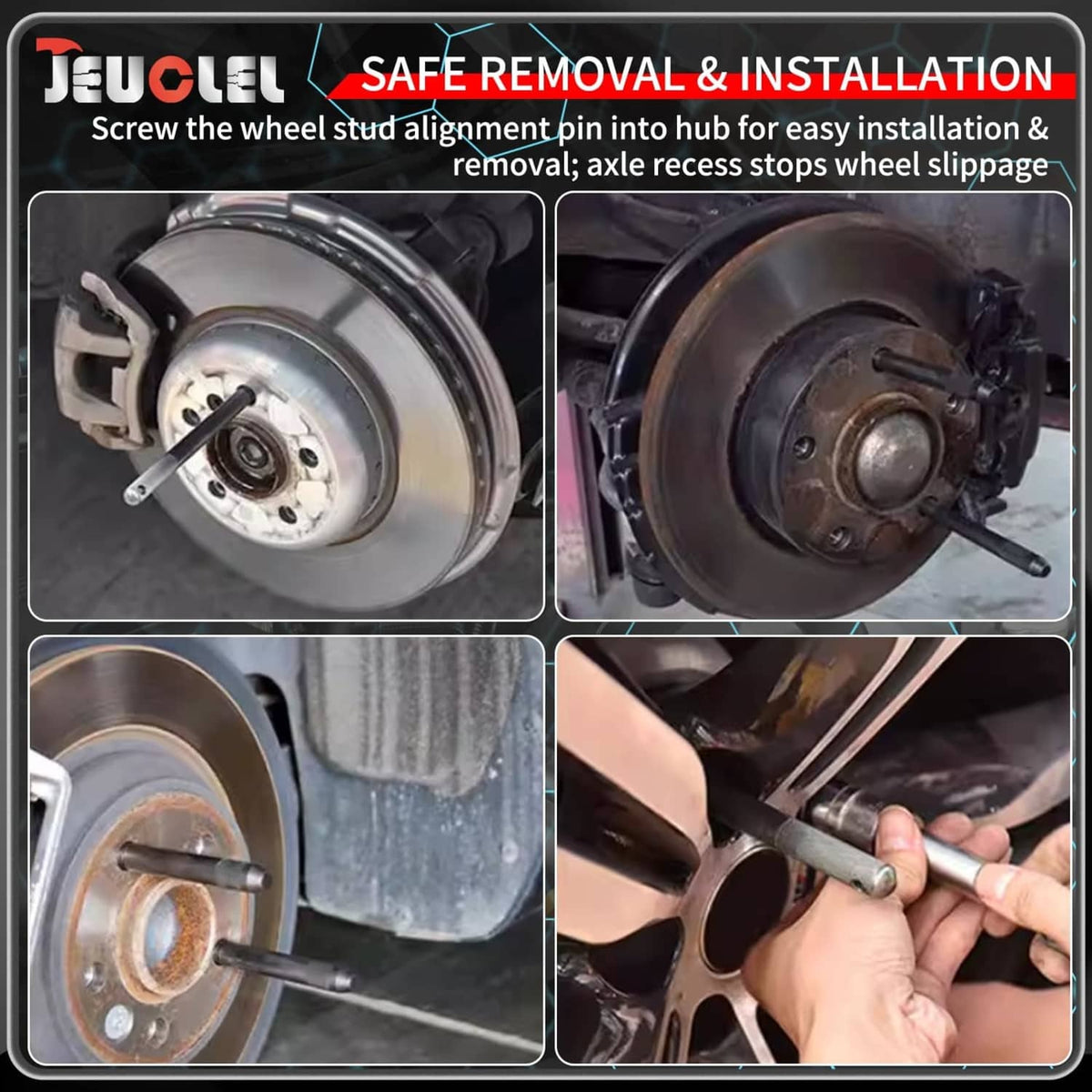 Wheel alignment pin tool inserted through wheel hub with threaded alignment rod