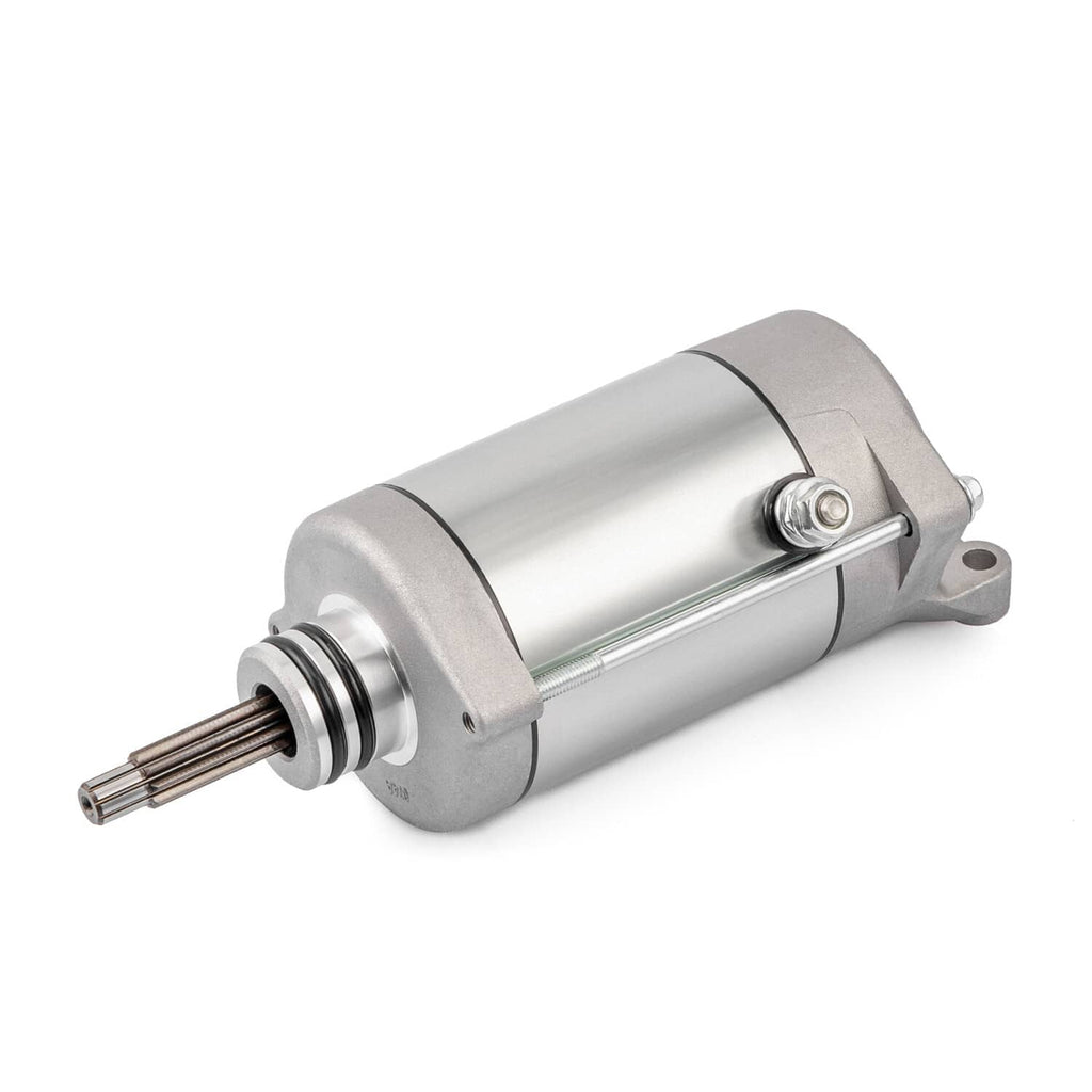 Silver starter motor with front flange mounts and output shaft end