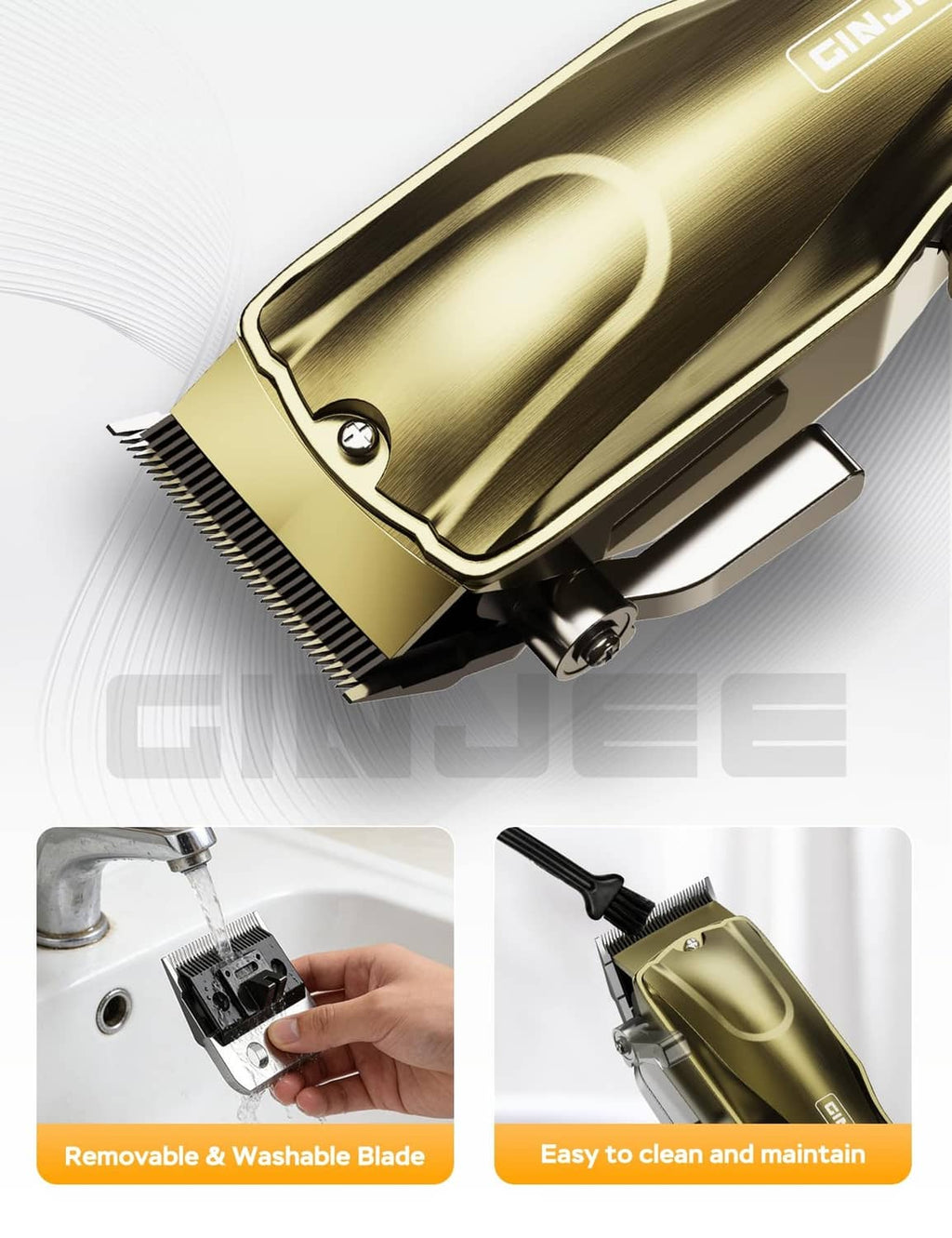 Gold hair clipper close-up with removable blade and side lever detail