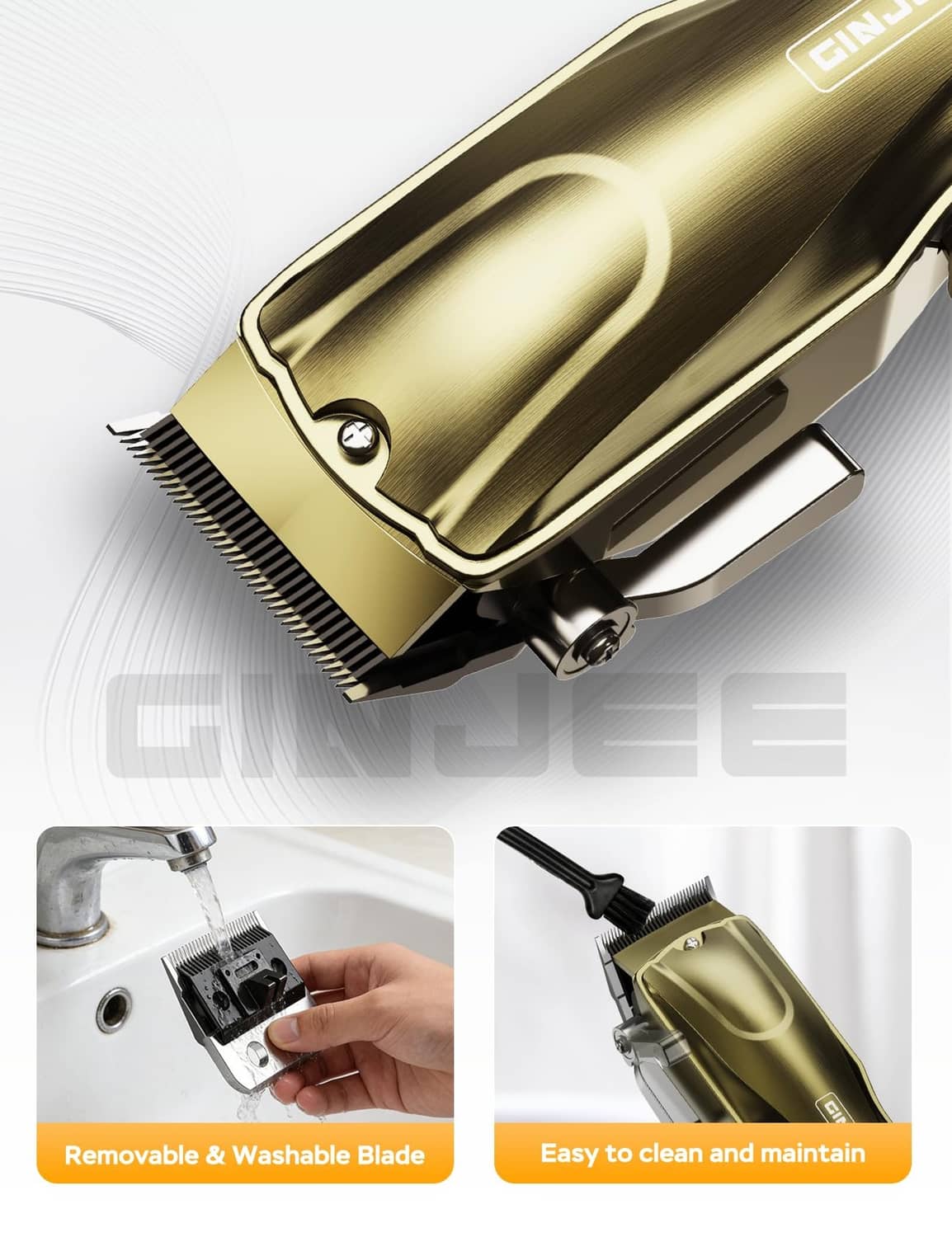 Gold hair clipper close-up with removable blade and side lever detail