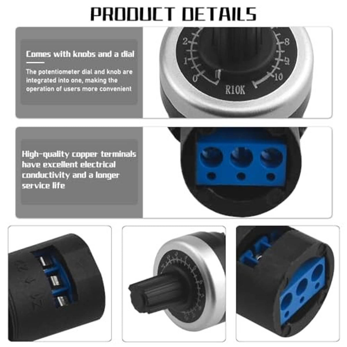 Rotary potentiometer with silver dial face, black housing, and blue three-pin terminals