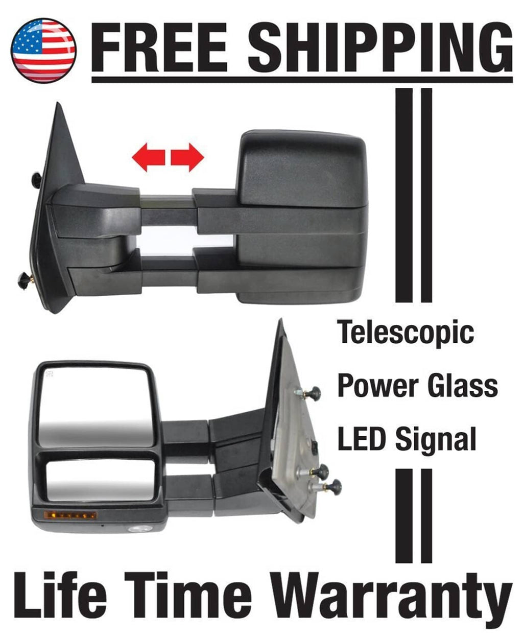 Black telescoping power tow mirror set with LED signal and power glass
