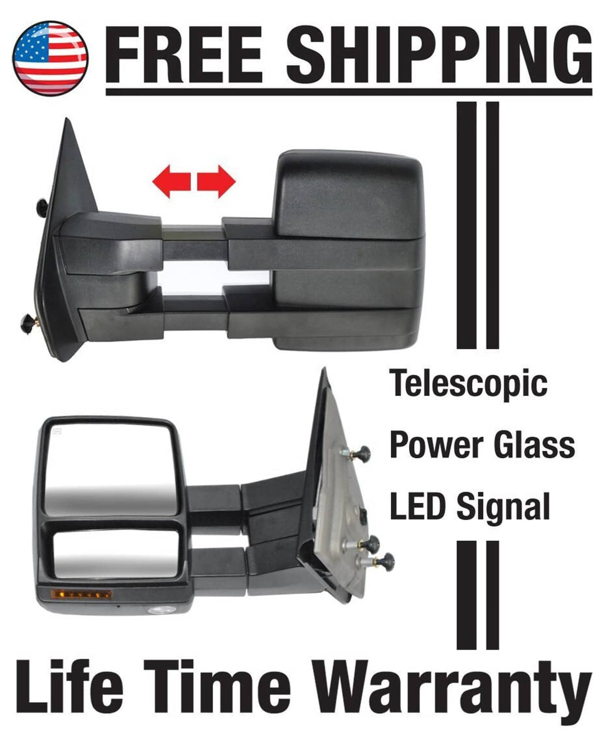Black telescoping power tow mirror set with LED signal and power glass