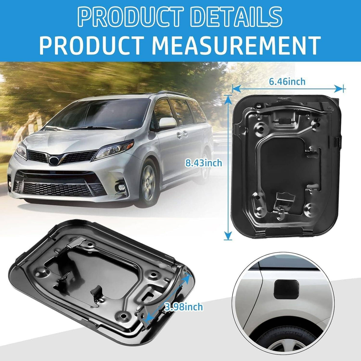 Black fuel door panel insert with mounting points and inner latch cutouts
