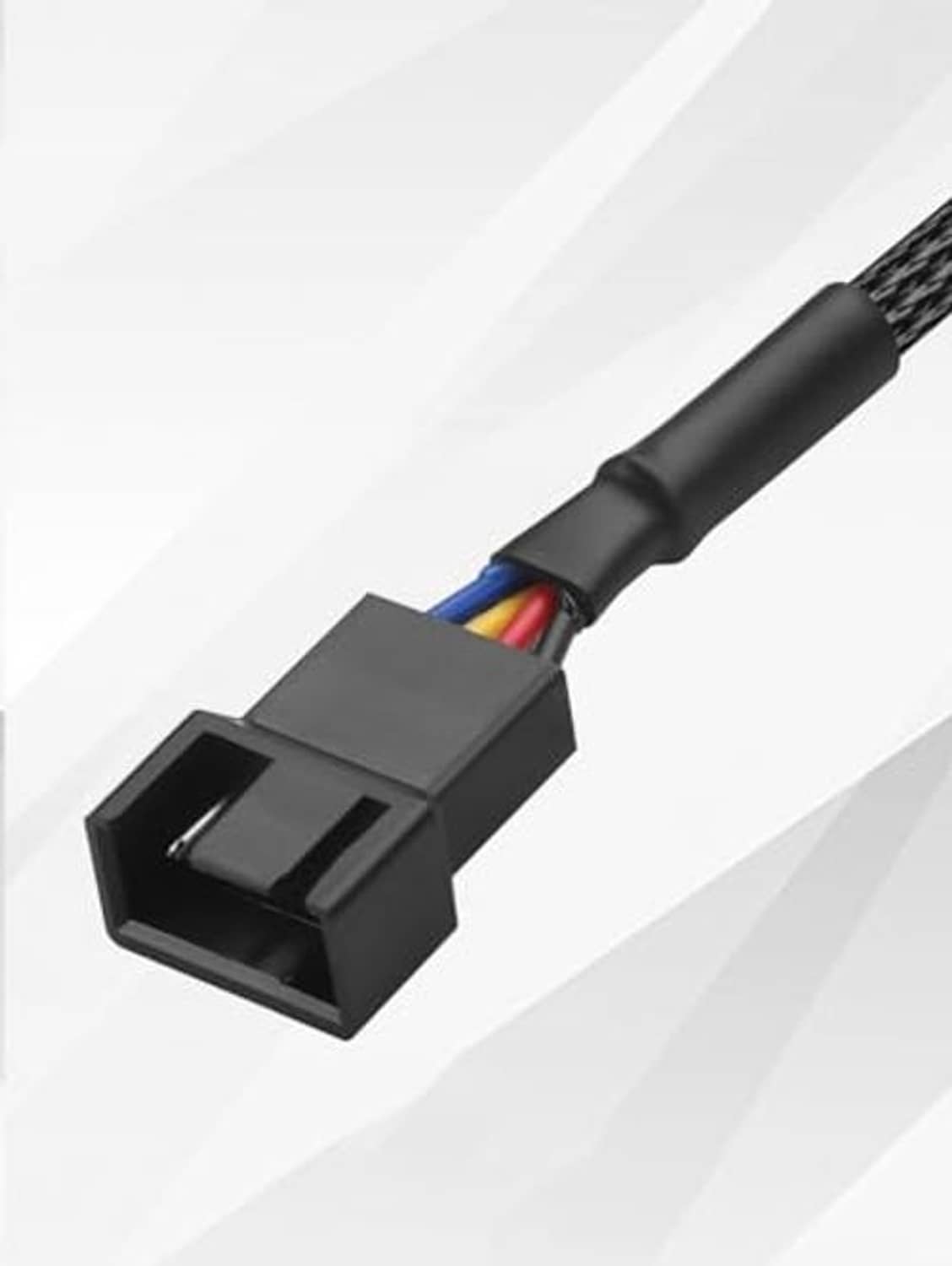 Close-up of black fan adapter connector with colored wire leads on braided cable
