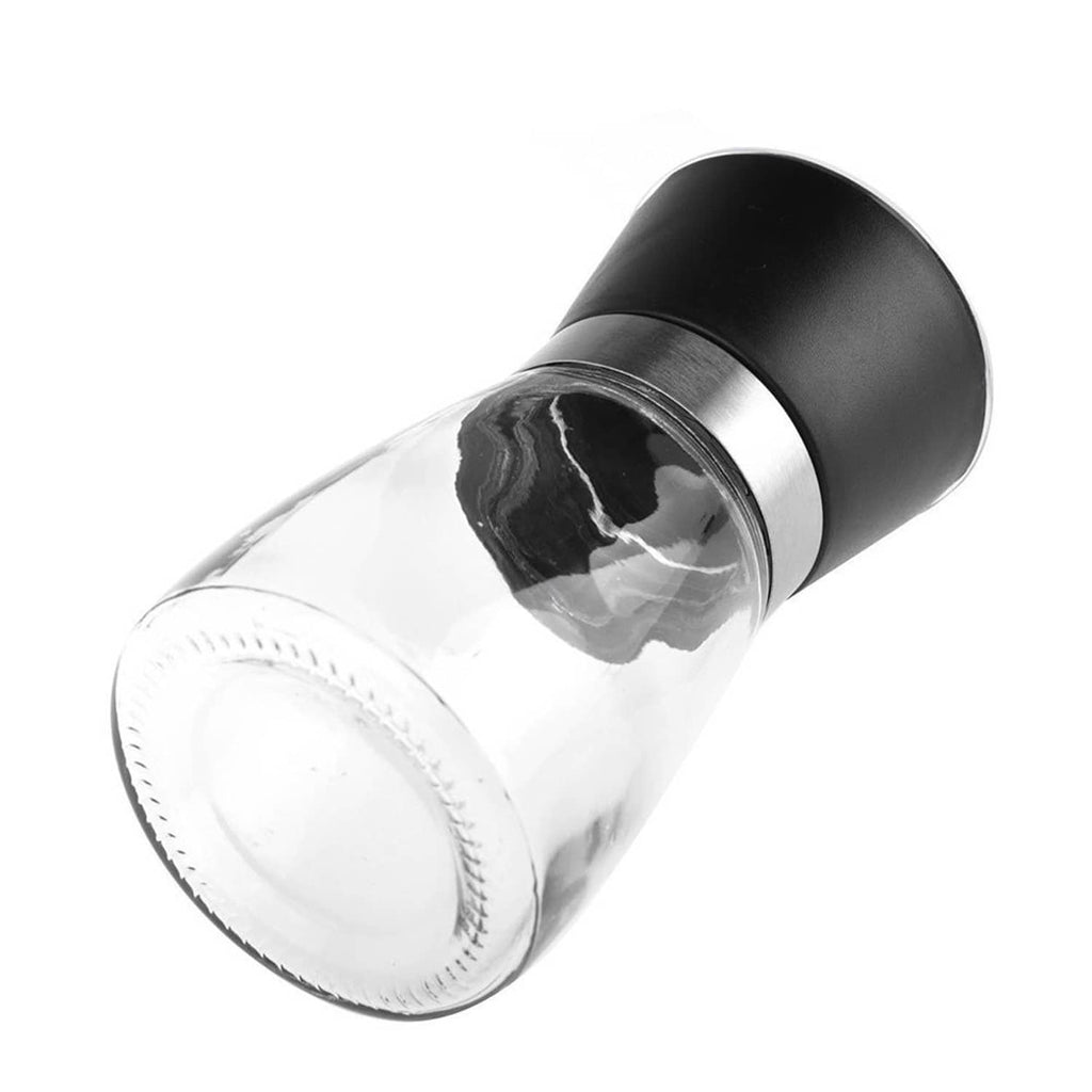 Manual salt and pepper grinder with black cap and clear glass cylinder