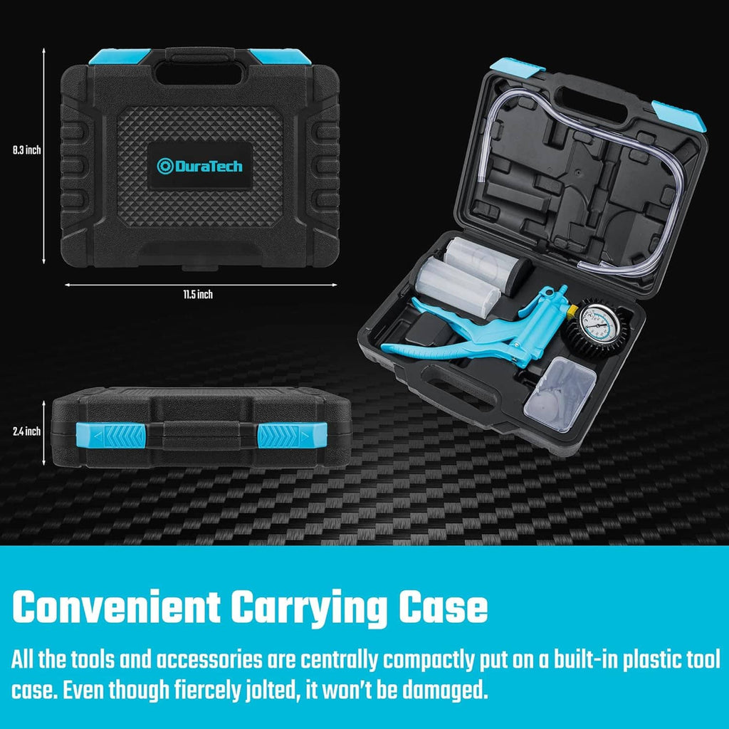 Brake bleeder kit in black carrying case with blue pump and vacuum gauge