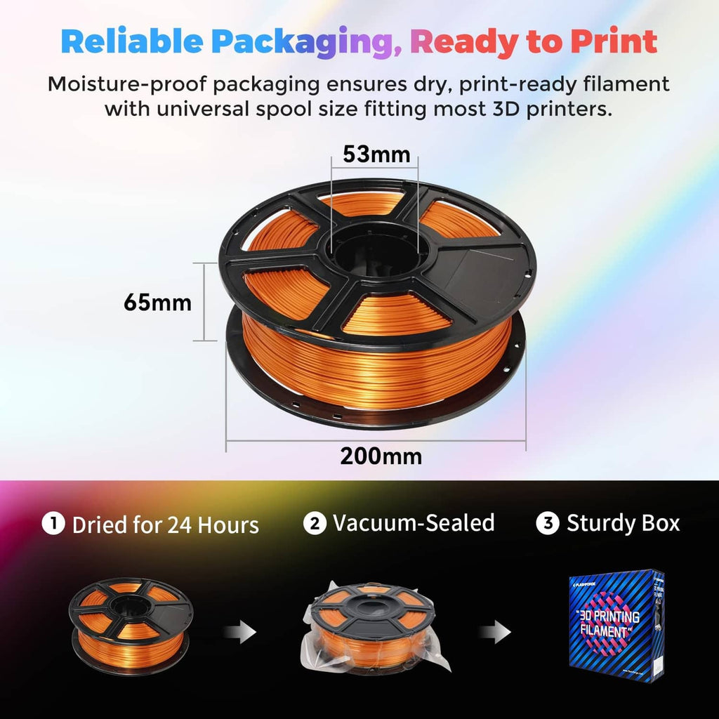 Copper silk PLA filament spool in protective packaging for ready-to-print use