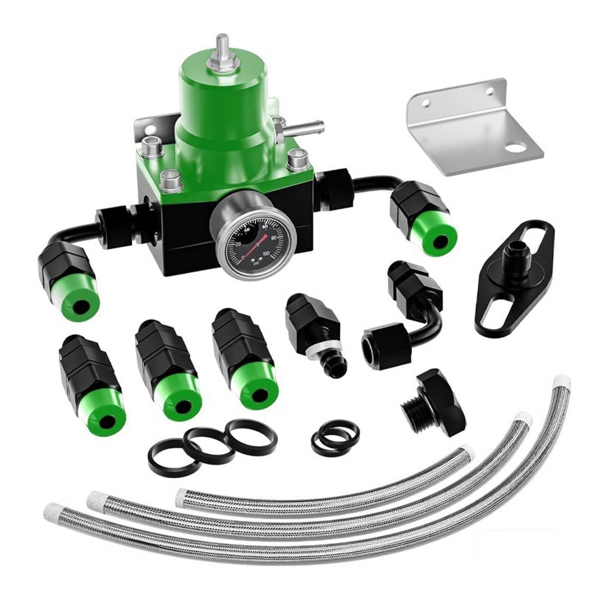 Green adjustable fuel pressure regulator kit with pressure gauge, adapters, and braided line kit