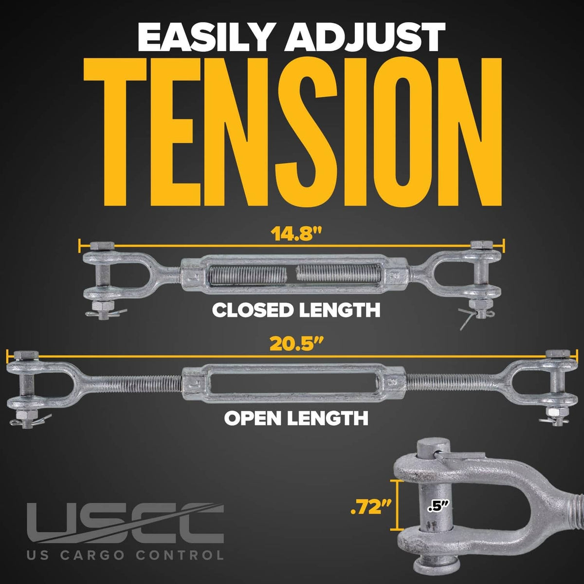 Adjustable galvanized steel turnbuckle with jaw ends and threaded body