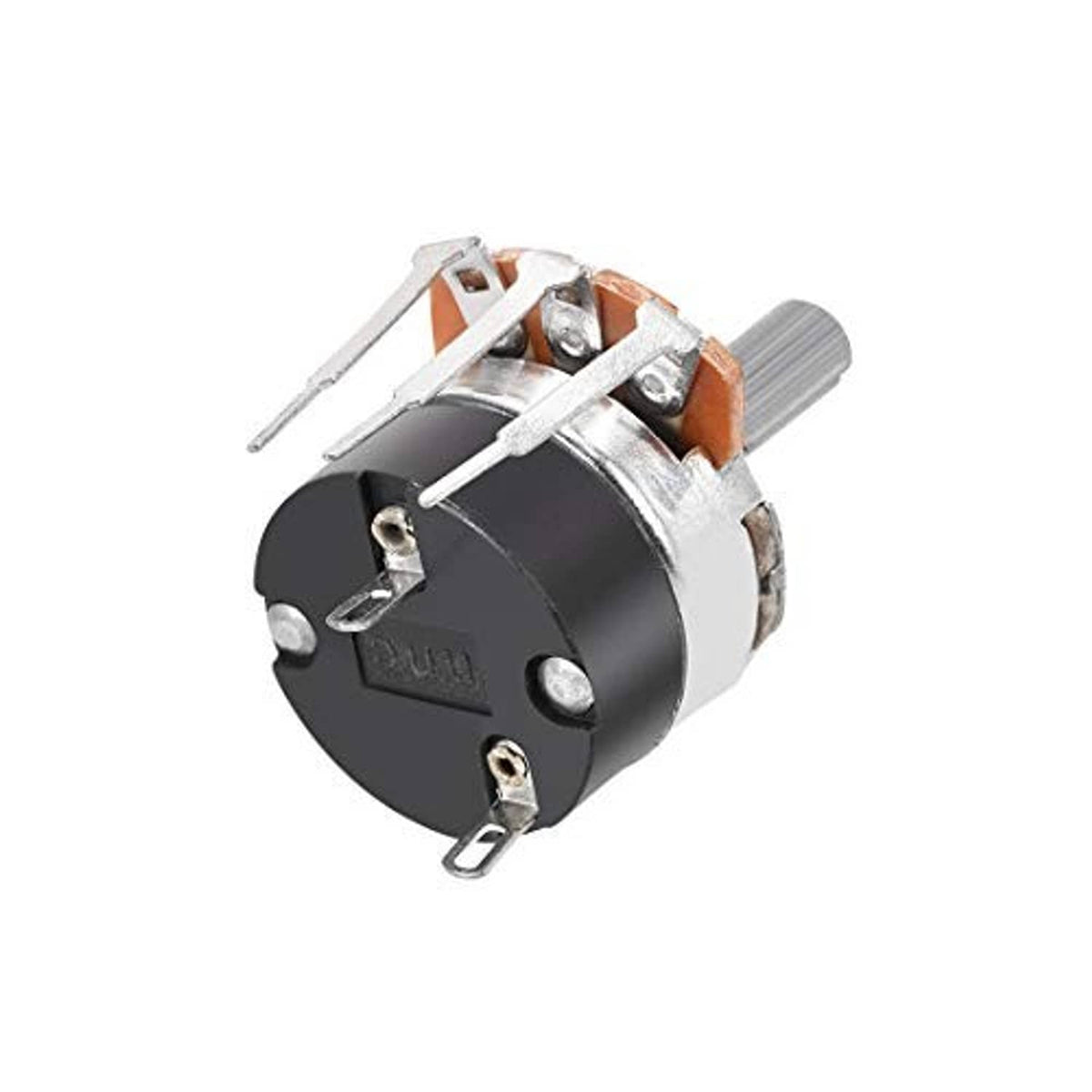 Rotary potentiometer with switch, side view; black housing, metal shaft, solder tabs
