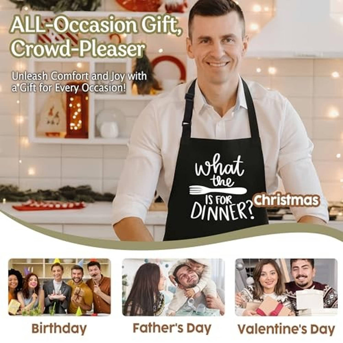 Black apron with “What the is for dinner?” print worn by a man in a kitchen