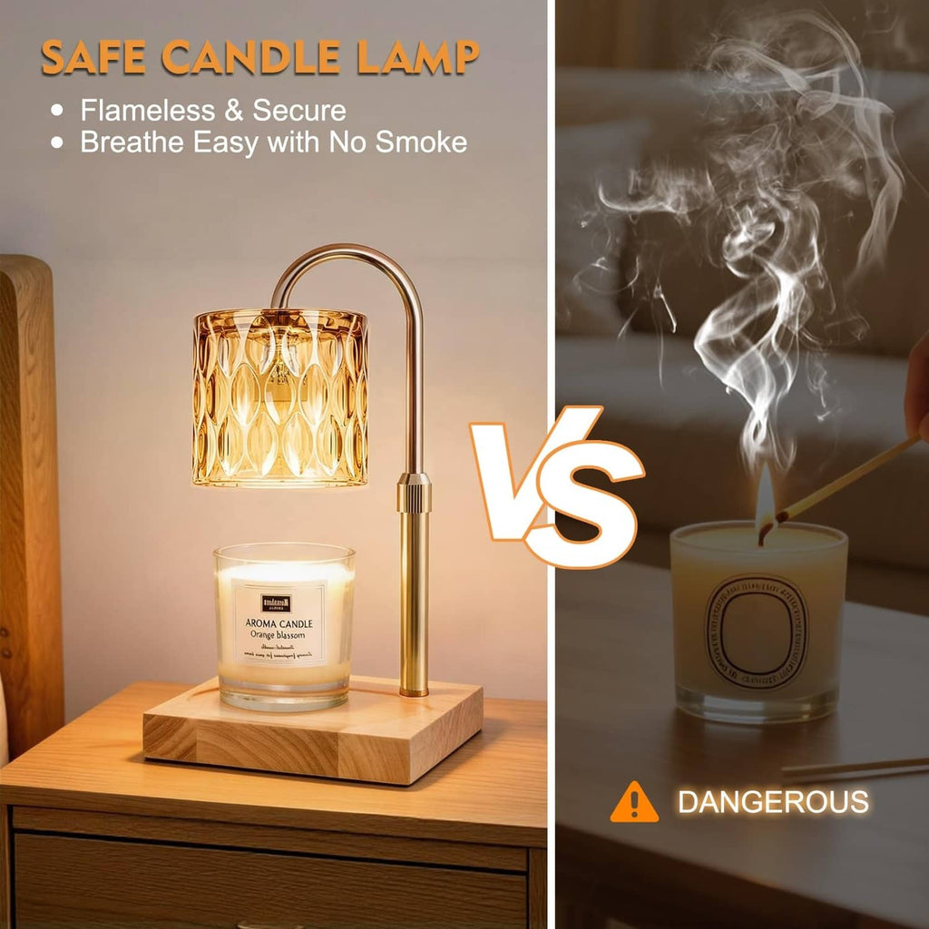 Gold candle warmer lamp with amber glass shade and wooden base, smoke comparison