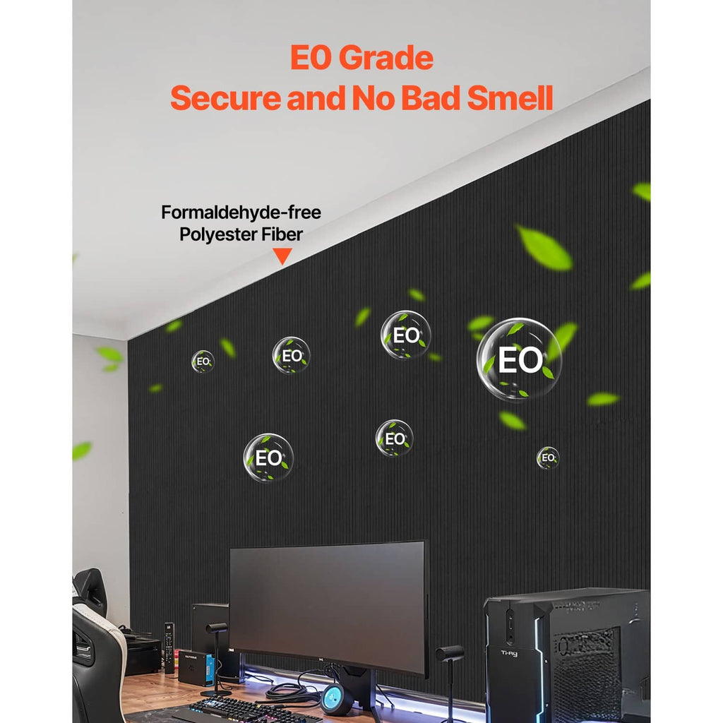Black acoustic wall panel with circular EO grade eco icons and ventilation marks