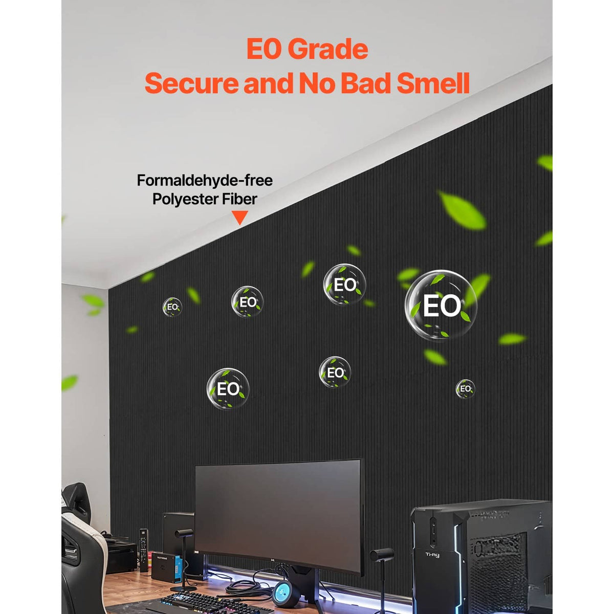 Black acoustic wall panel with circular EO grade eco icons and ventilation marks