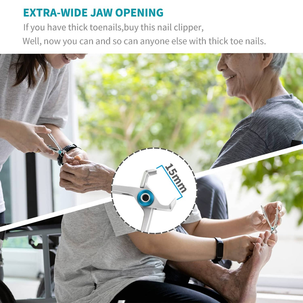 Silver extra-wide jaw nail clipper with turquoise pivot, for thick toenails