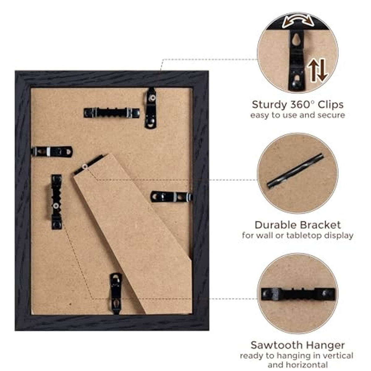 Back of black 5x7 picture frame showing 360° clips and sawtooth hanger