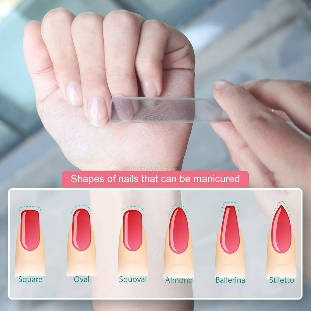 Transparent nail file being used on fingertips; handheld manicure tool