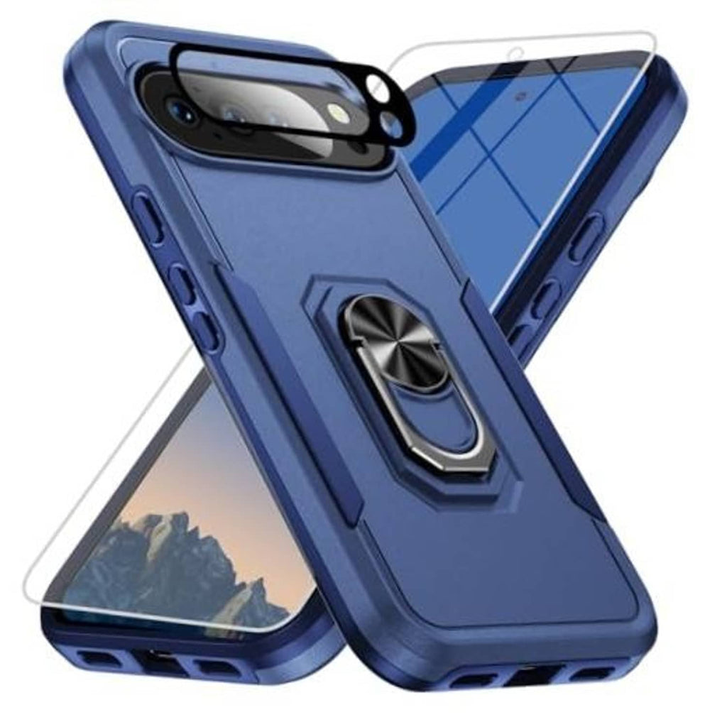 Dark blue rugged phone case with metal-ring kickstand, camera cutout