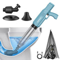 Dusty blue electric toilet plunger with silver barrel and black nozzle attachments