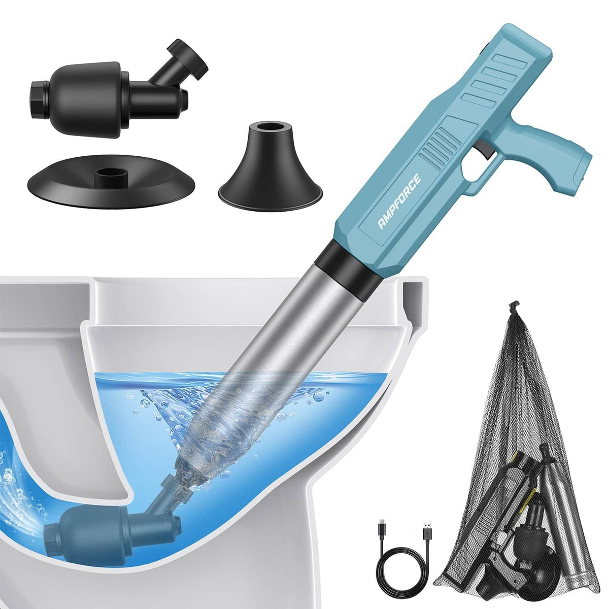 Dusty blue electric toilet plunger with silver barrel and black nozzle attachments