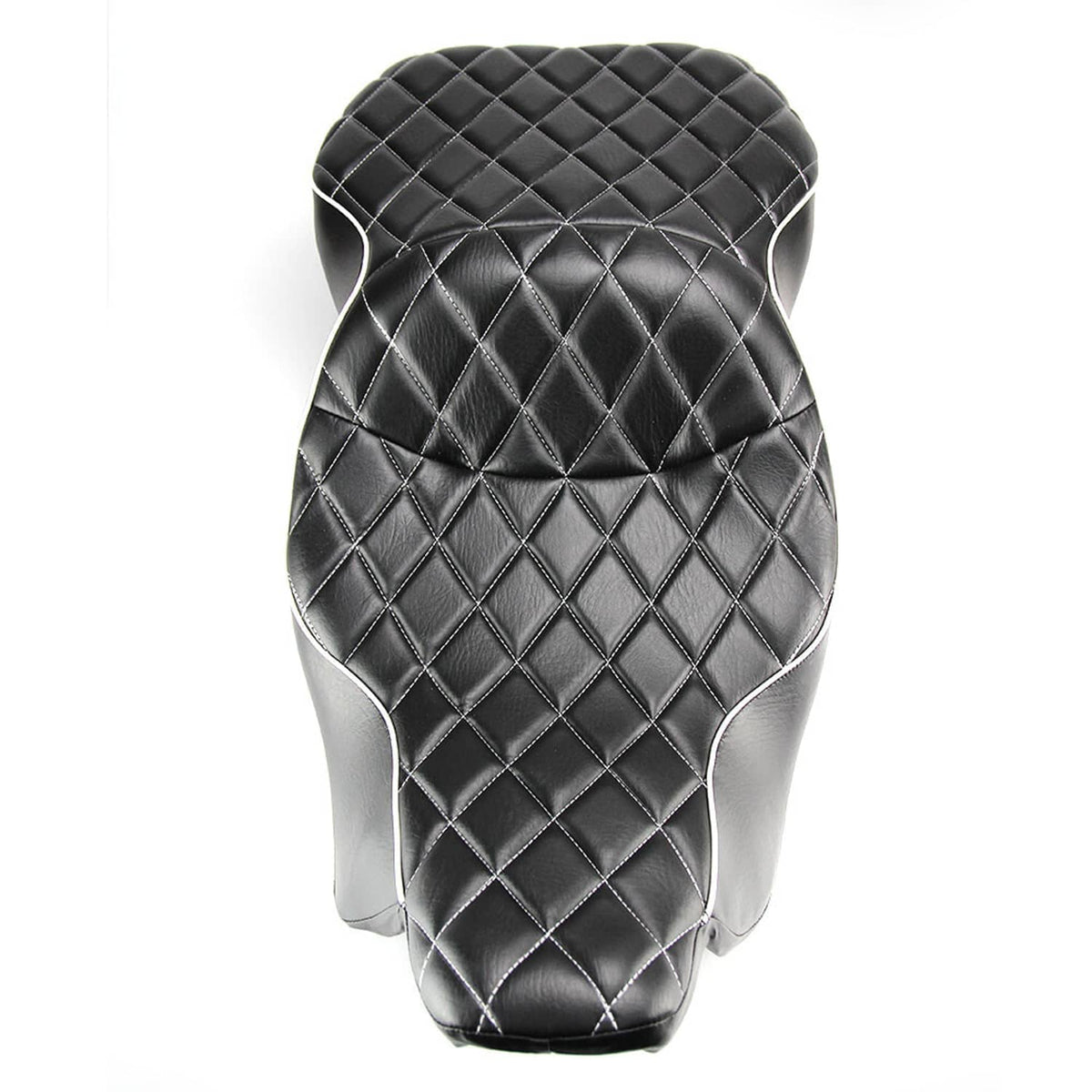 Black backrest pad with diamond quilt stitching and silver piping edge
