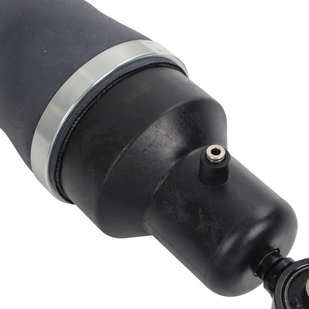 Pair of rear air suspension shock struts, close-up of black air spring and metal top cap