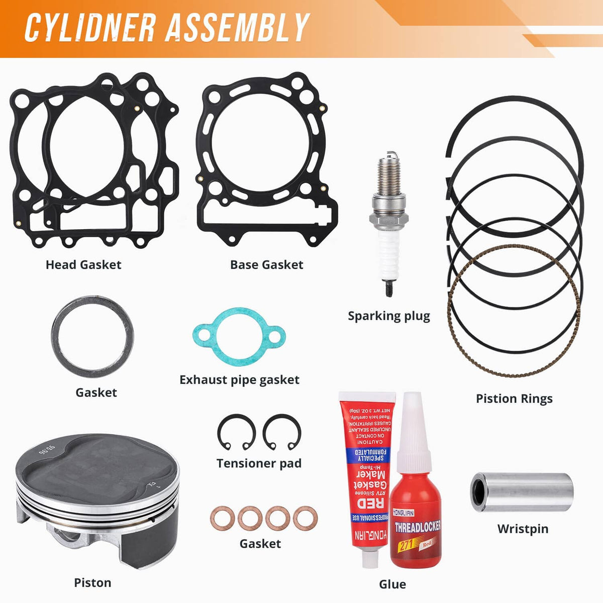Cylinder rebuild kit parts layout: gaskets, piston rings, spark plug, wristpin