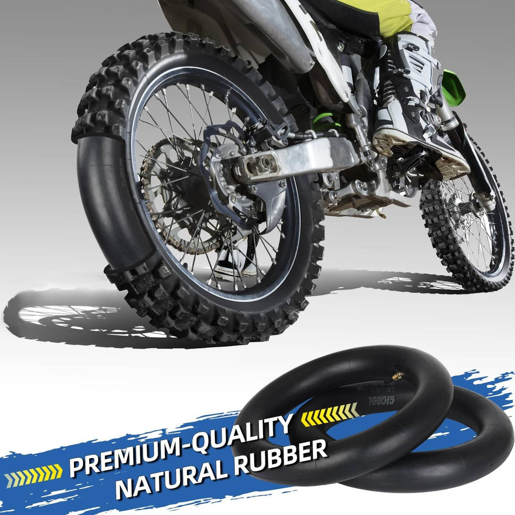 Premium natural rubber black dirt bike inner tubes, compact pair with valve hardware