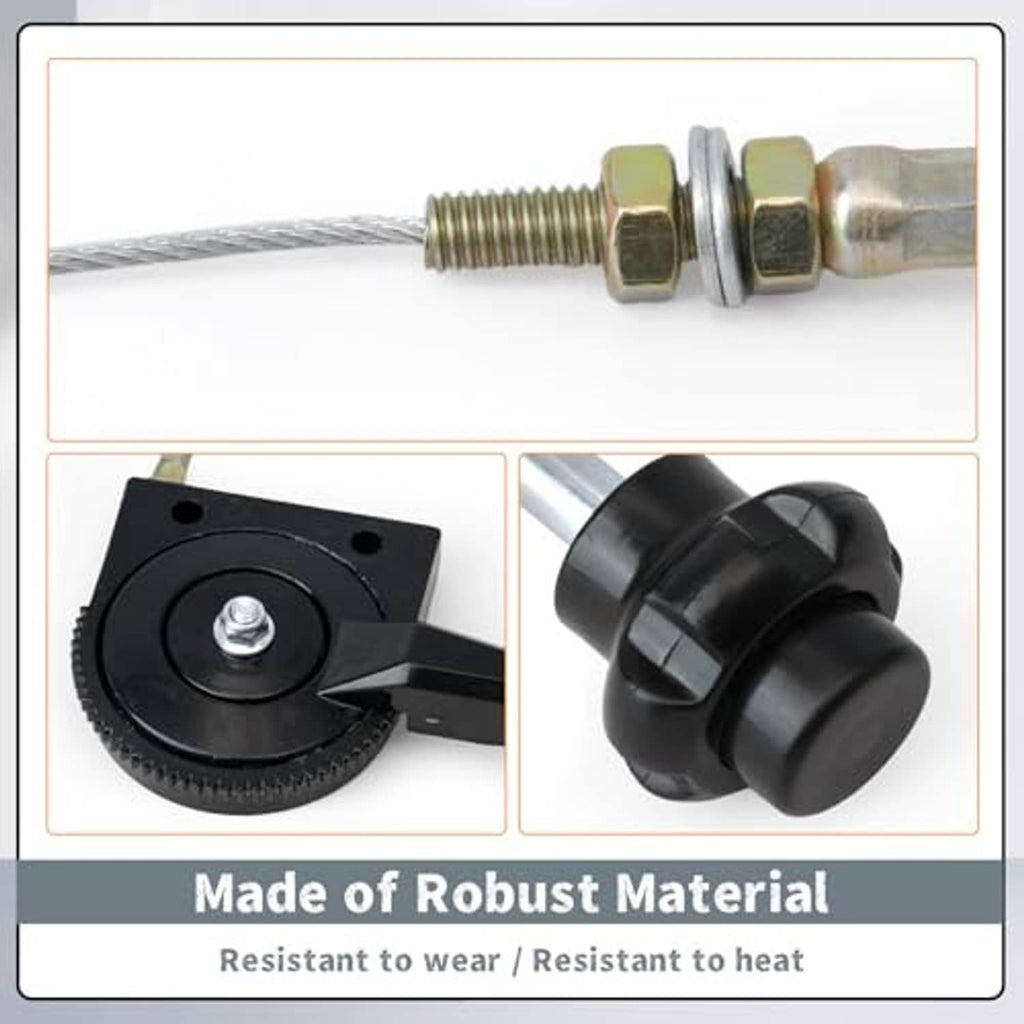 Throttle control cable components: black actuator dial and cable end fittings with rod