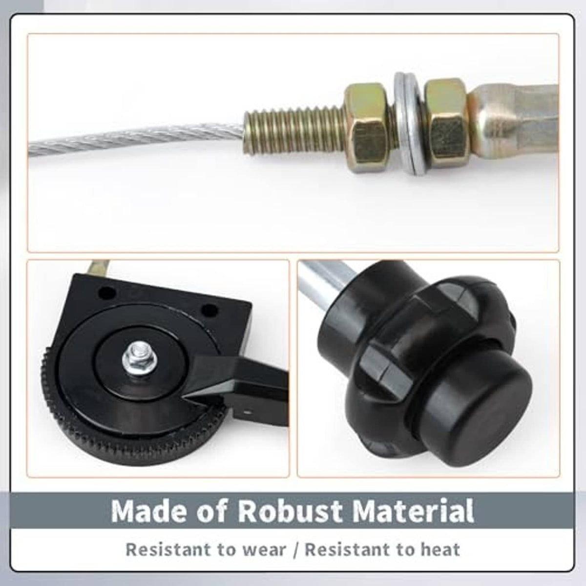 Throttle control cable components: black actuator dial and cable end fittings with rod