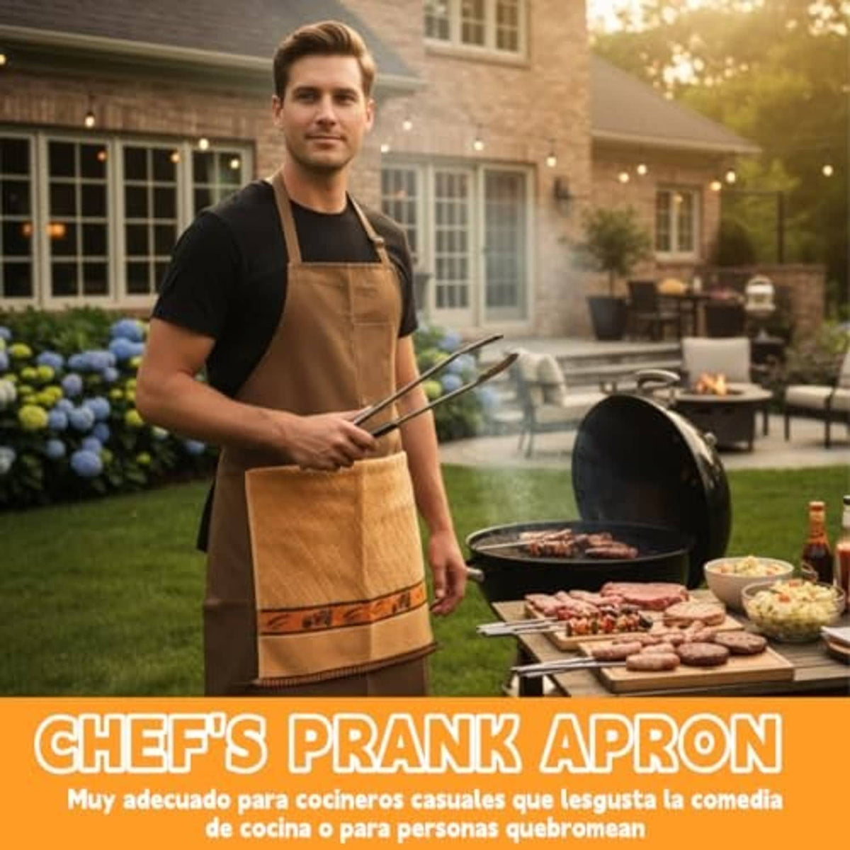 Brown grilling apron with square front pocket and beige panel, worn outdoors with ties