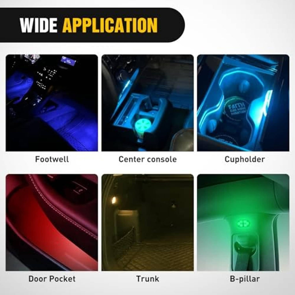 RGB LED interior lights glowing in multiple car cabin areas