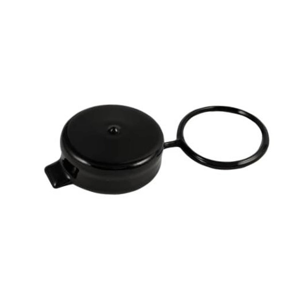 Black gas cap cover with tether loop, round cap design