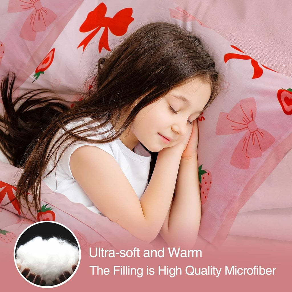 Pink bow-pattern comforter with child portrait on top; soft, cozy bedding look