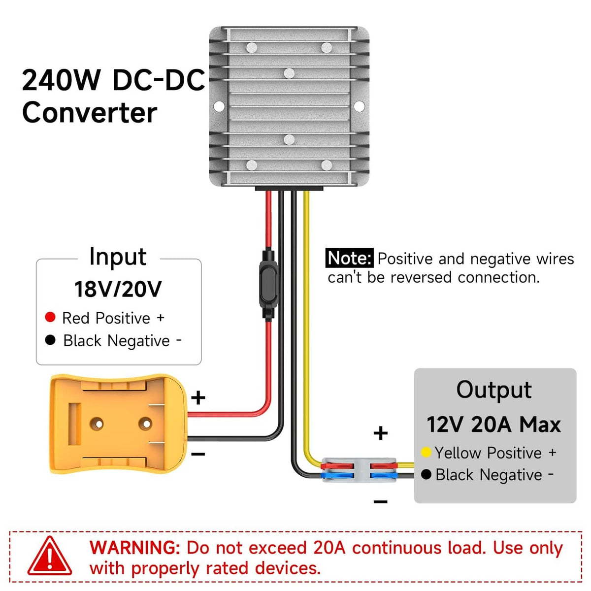 DC-DC step-down converter module with red and black leads and yellow terminal outputs.