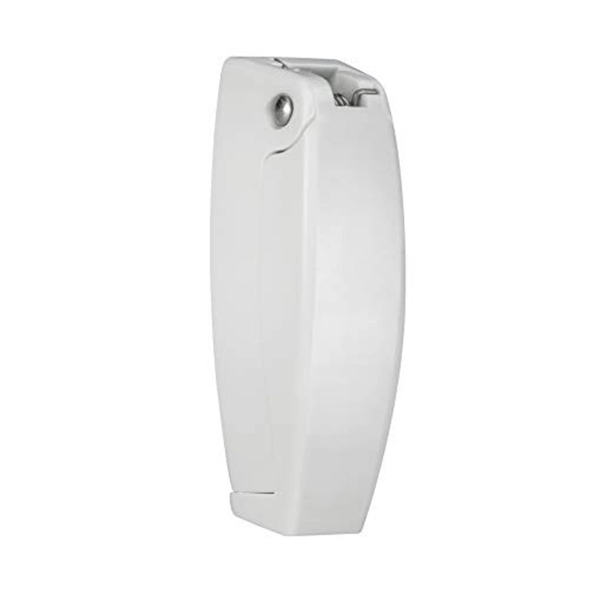 White rounded RV baggage door latch clip, side view with pin hole and mounting slot