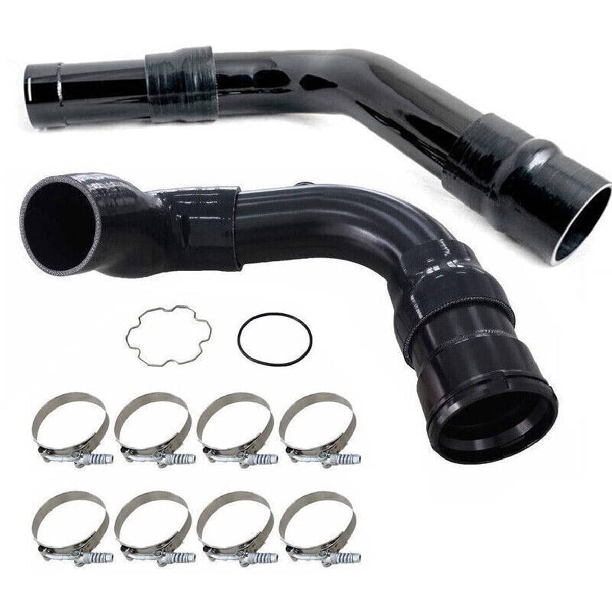 Black silicone intercooler pipe boot kit with couplers, O-ring, and metal hose clamps