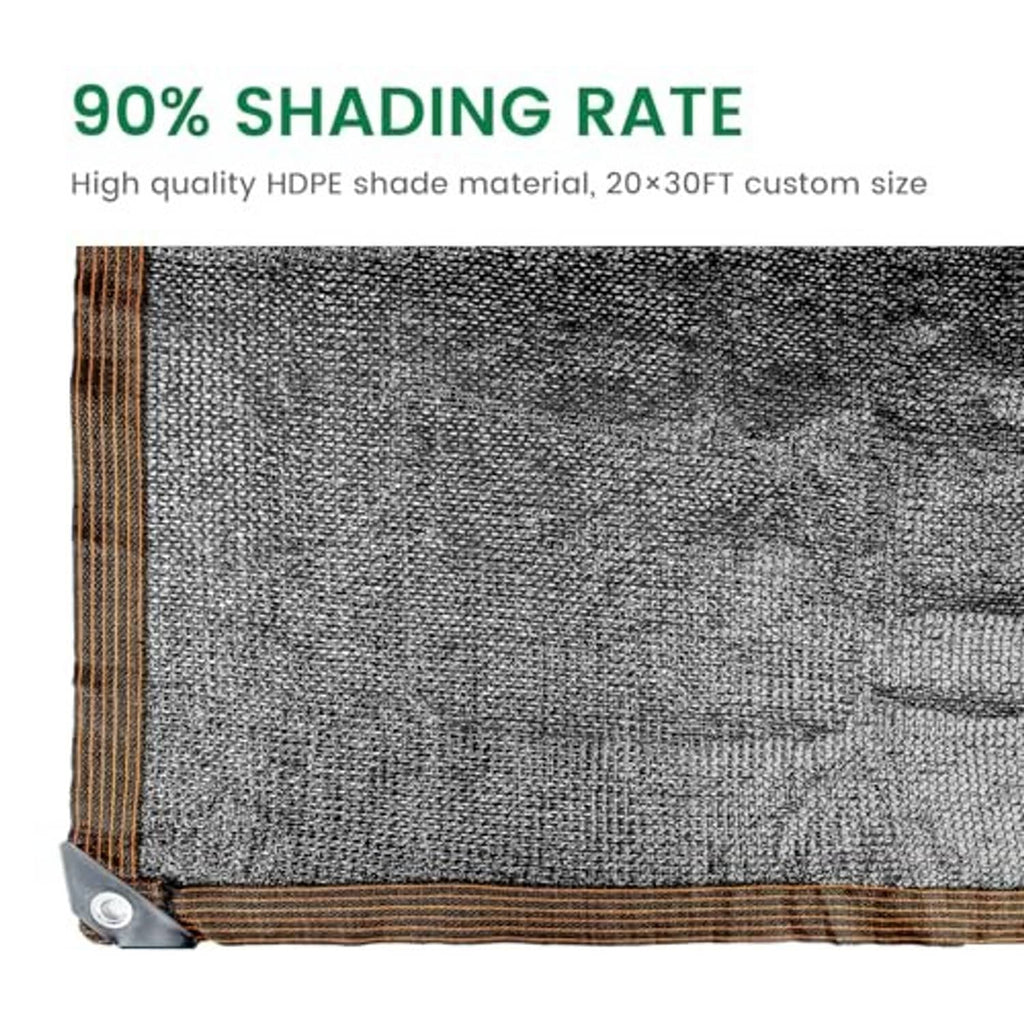 Woven shade cloth fabric close-up with brown stitched border and reinforced seam