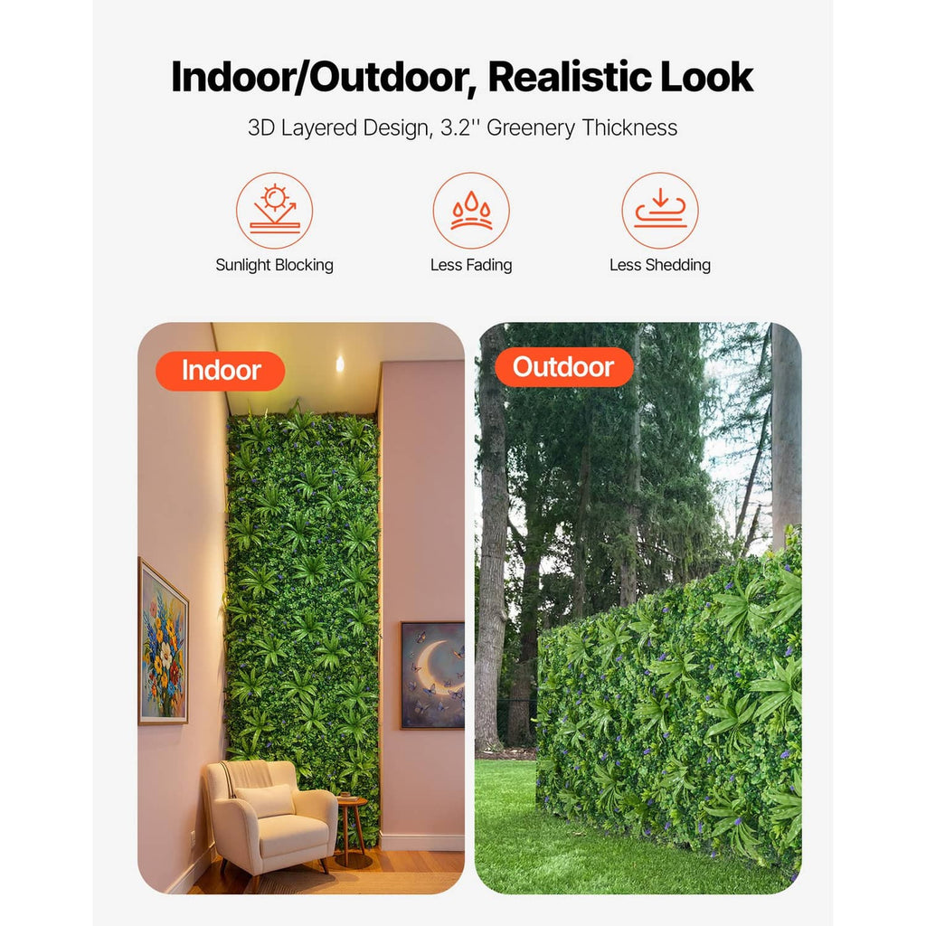 Artificial greenery wall panel with layered leaf texture for indoor or outdoor decor.