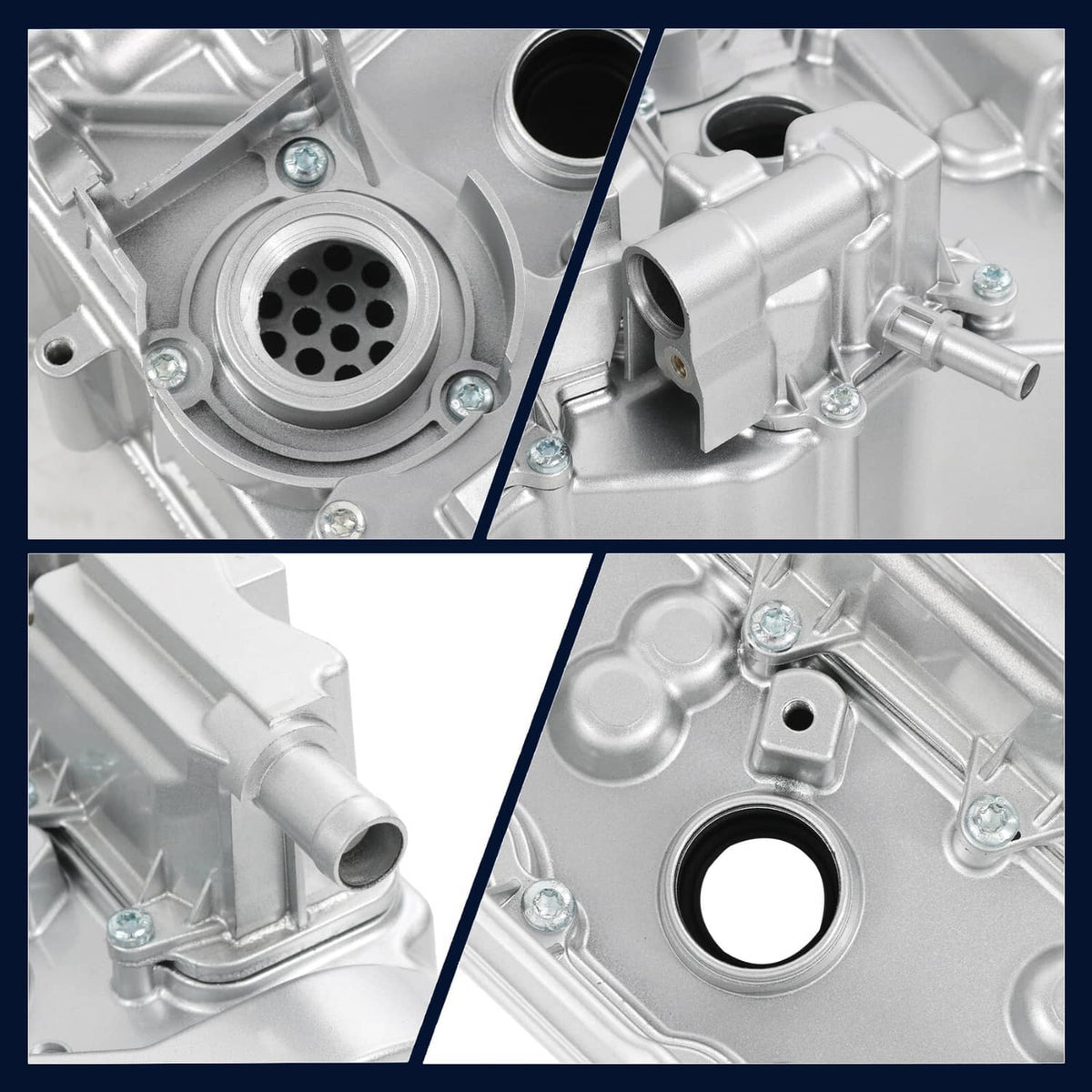 Aluminum valve cover close-ups showing port openings, bolt points, and gasket areas