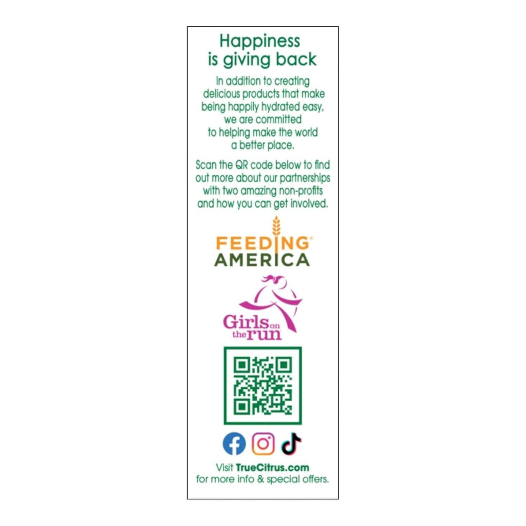 True Orange water enhancer back panel with Feeding America and QR code