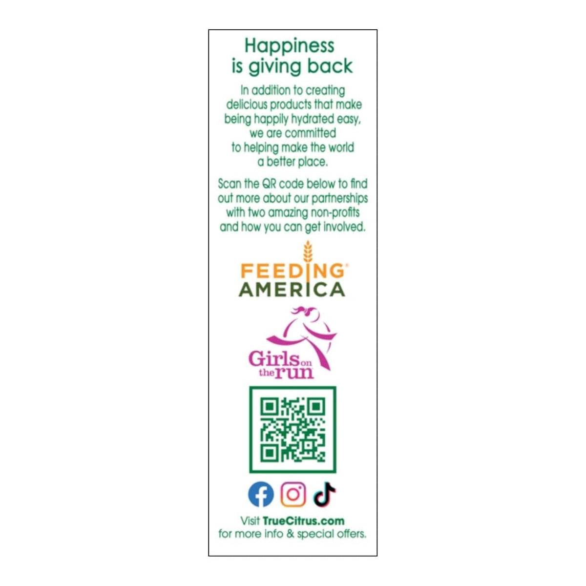 True Orange water enhancer back panel with Feeding America and QR code