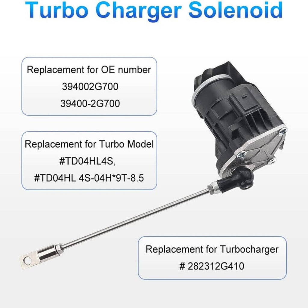 Turbocharger wastegate solenoid with black plastic body and metal pushrod