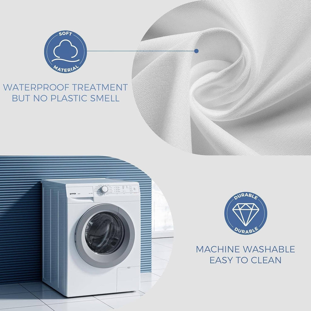 White shower curtain liner with soft fabric texture and protective waterproof finish