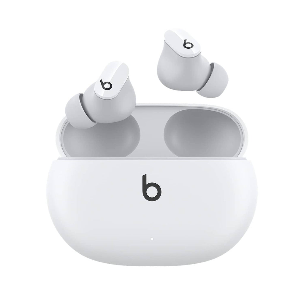 White true wireless earbuds in open charging case, compact stemless design