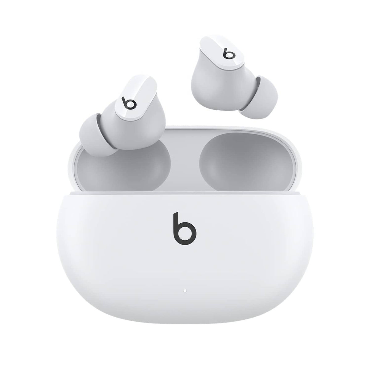 White true wireless earbuds in open charging case, compact stemless design