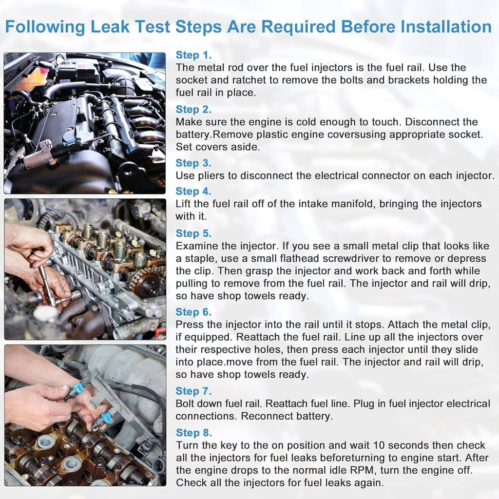 Fuel injector installation guide showing injector connections in a vehicle engine bay
