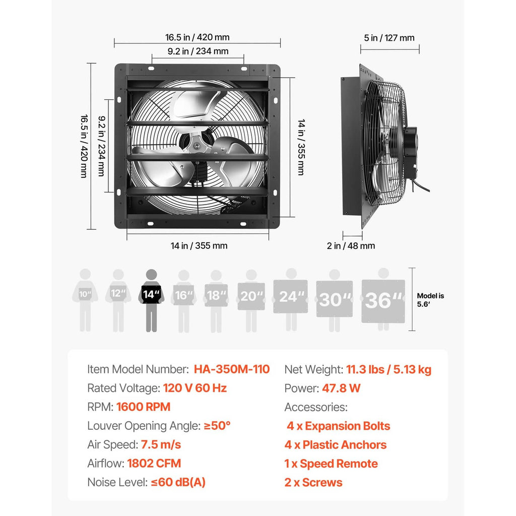 Wall-mount exhaust fan size diagram with front and side views and specifications
