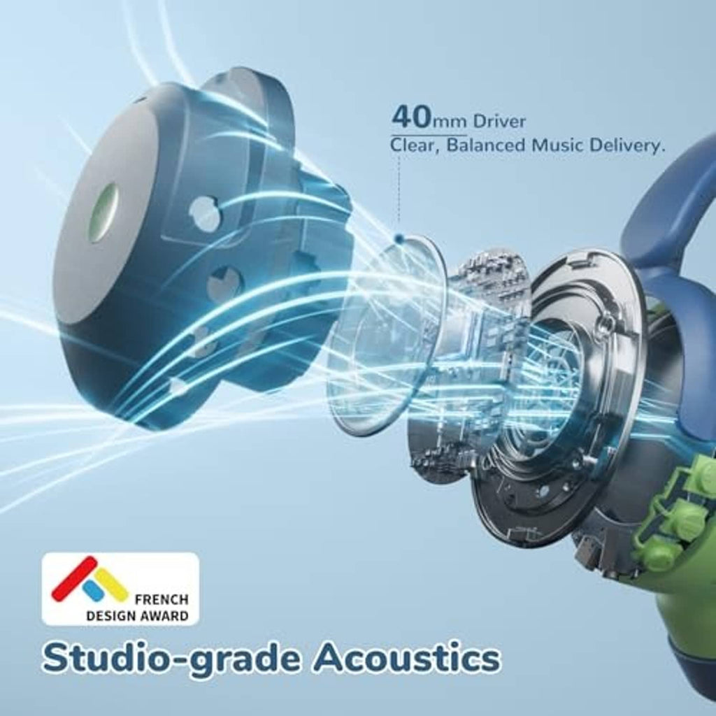 Blue kid over-ear headphones with mic and speaker driver graphic detail